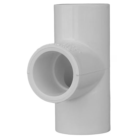 White high impact Schedule 40 PVC socket tee pressure pipe fitting displaying three female slip receiving ports