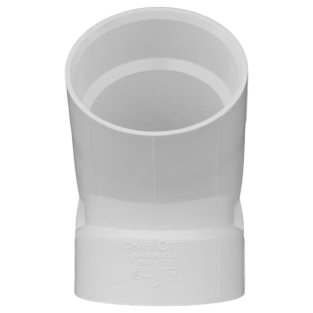 White injection-molded PVC DWV 45 degree angled elbow pipe fitting showing receiving hub socket ends