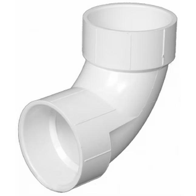White injection-molded PVC DWV 90 degree angled sanitary elbow long sweep pipe fitting showing receiving hub socket ends