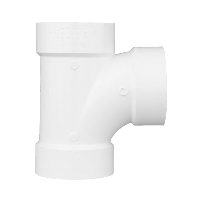 White polymer PVC DWV sanitary tee fitting featuring a distinct swept horizontal branch curve for non-pressure drainage lines