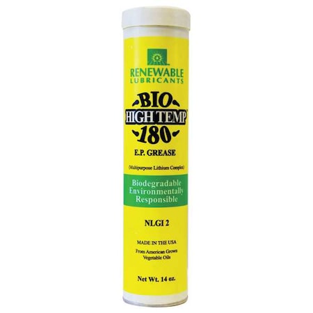 Renewable Lubricants 87611 - Grease, 14 oz, Cartridge, Semi-Synthetic Base, 285 Degrees F Max Op Temp, Green, Bio-180 Series