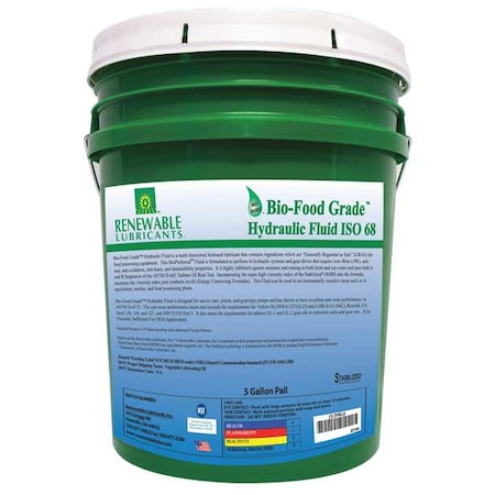 Renewable Lubricants 87144 - Bio-Food Grade Hydraulic Fluid, 5 gal., ISO 68