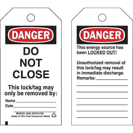 Brady 50265 - Danger Tag, Polyester, 5 1/2 in H x 3 in W, Rectangle, 25 PK