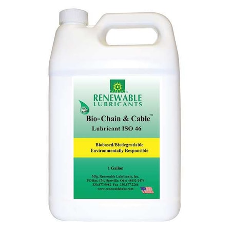 Renewable Lubricants 83053 - Chain & Wire Rope Lubricant, 1 gal, Jug, Vegetable Oil Base, 500 Degrees F Max Op Temp, Yellow, Bio-Chain & Cable Series