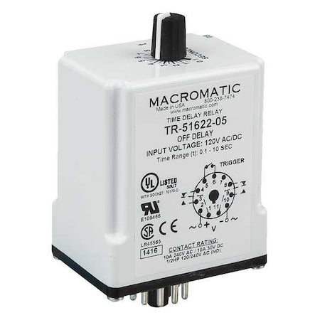 Macromatic TR-51621-10 - Single Function Time Delay Relay, Octal, Off Delay, 1 Functions 240 V AC, DPDT