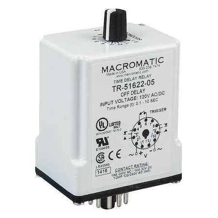 Macromatic TR-51622-08 - Single Function Time Delay Relay, Octal, Off Delay, 1 Functions 120 V AC/DC, DPDT