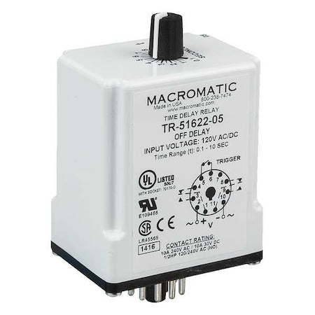 Macromatic TR-51622-12 - Single Function Time Delay Relay, Octal, Off Delay, 1 Functions 120 V AC/DC, DPDT
