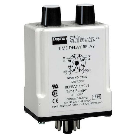 Dayton 24EP30 - Single Function Time Delay Relay, Octal, Cycle On, 1 Functions 12 V DC, DPDT