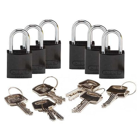 Brady 133266 - Lockout Padlock, Keyed Different, Aluminum, Black, 1 in Shackle Height, 1 1/4 in Body Width, 6 PK