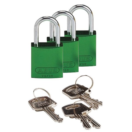 Brady 133281 - Lockout Padlock, Keyed Alike, Aluminum, Green, 1 in Shackle Height, 1 1/4 in Body Width, 3 PK