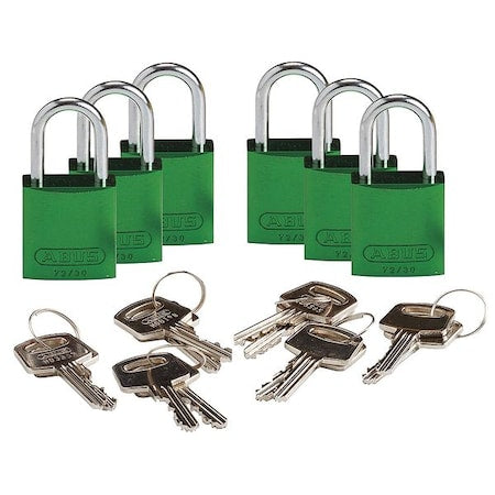 Brady CPAL-ORG-25AL-KA6 - Lockout Padlock, Keyed Alike, Aluminum, Green, 1 in Shackle Height, 1 1/4 in Body Width, 6 PK