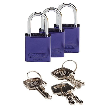Brady 133286 - Lockout Padlock, Keyed Alike, Aluminum, Purple, 1 in Shackle Height, 1 1/4 in Body Width, 3 PK
