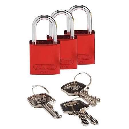 Brady 133279 - Lockout Padlock, Keyed Alike, Aluminum, Red, 1 in Shackle Height, 1 1/4 in Body Width, 3 PK
