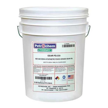 Petrochem FOODSAFE GEAR FG-220-005 - Lubricant, 5 gal, Drum, Semi-Synthetic Base, 445 Degrees F Max Op Temp, Clear, GEAR Series