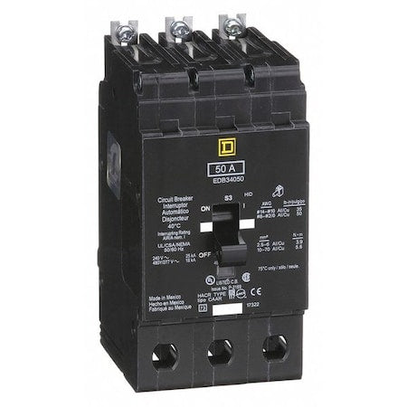 Square D EDB34050 - Miniature Circuit Breaker, E FRAME Series, 50 A, 3 Pole, 277/480 V AC, 25k A at 120 V AC