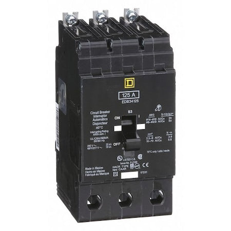 Square D EDB34125 - Miniature Circuit Breaker, E FRAME Series, 125 A, 3 Pole, 277/480 V AC, 25k A at 120 V AC