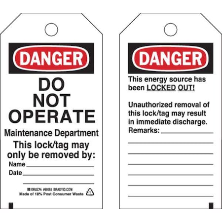 Brady 65503 - Danger Tag,5-1/2 x 3 In,Hd Polyest,PK25, 65503