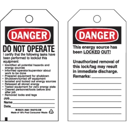 Brady 66061 - Danger Tag,5-3/4 x 3 In,OSHA,Met,PK25, 66061