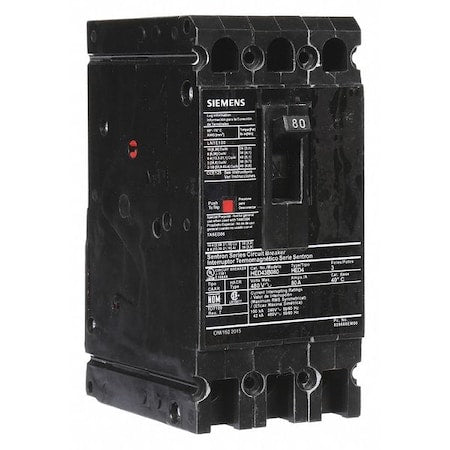 Siemens HED43B080 - Molded Case Circuit Breaker, HED4 Series, 80 A, 3 Pole, 480 V AC, 42k A at 480 V AC