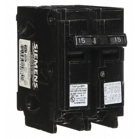 Siemens Q215 - Miniature Circuit Breaker, Q Series, 15 A, 2 Pole, 120/240 V AC, 10k A at 120 V AC