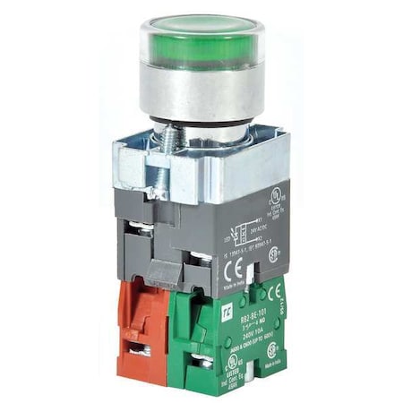 Dayton 30G205 - Illuminated Push Button, 22 mm, 1 NO/1 NC, Green