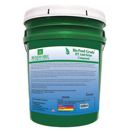 Renewable Lubricants 87564 - Anti-Seize, Food Grade, Pail, 35 lb, Aluminum Base, 1800 Degrees F Max Op Temp, Paste