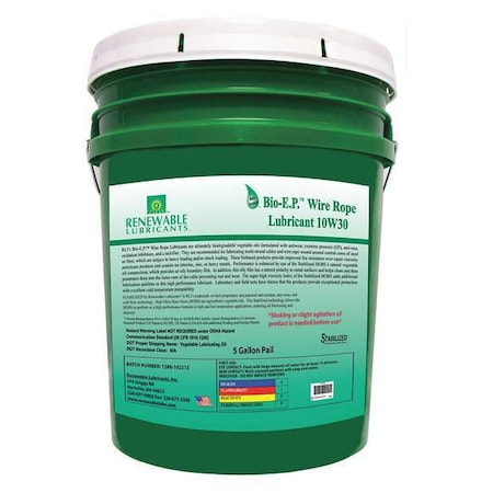 Renewable Lubricants 82624 - Chain & Wire Rope Lubricant, 5 gal, Pail, Vegetable Oil Base, 230 Degrees F Max Op Temp, Yellow, Bio-E.P. Series