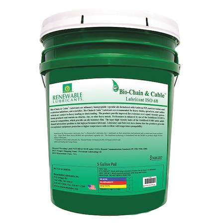 Renewable Lubricants 83064 - Chain & Wire Rope Lubricant, 5 gal, Pail, Vegetable Oil Base, 503 Degrees F Max Op Temp, Yellow, Bio-Chain & Cable Series
