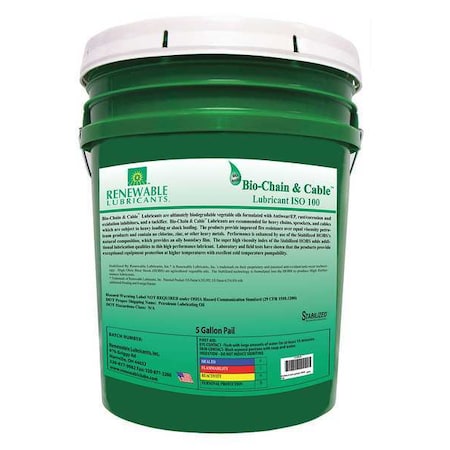 Renewable Lubricants 83074 - Chain & Wire Rope Lubricant, 5 gal, Pail, Vegetable Oil Base, 532 Degrees F Max Op Temp, Yellow, Bio-Chain & Cable Series