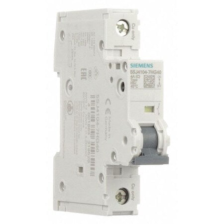 Siemens 5SJ41047HG40 - IEC Miniature Circuit Breaker, 5 SJ4 Series, 4 A, 1 Pole, 240 V AC, 14k A at 240 V AC, C Curve