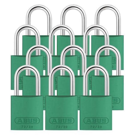 Abus 72/30 KA X 12 - Lockout Padlock, Keyed Alike, Aluminum, Green, 1 in Shackle Height, 1 1/4 in Body Width, 12 PK