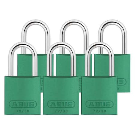 Abus 72/30 KA X 6 - Lockout Padlock, Keyed Alike, Aluminum, Green, 1 in Shackle Height, 1 1/4 in Body Width, 6 PK