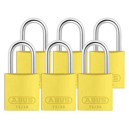 Abus 72/30 KA X 6 - Lockout Padlock, Keyed Alike, Aluminum, Yellow, 1 in Shackle Height, 1 1/4 in Body Width, 6 PK
