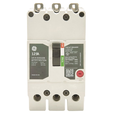 Ge TEYD3045B - Molded Case Circuit Breaker, TEYD Series, 45 A, 3 Pole, 277/480 V AC, 25k A at 277/480 V AC