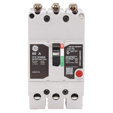Ge TEYD3060B - Molded Case Circuit Breaker, TEYD Series, 60 A, 3 Pole, 277/480 V AC, 25k A at 277/480 V AC