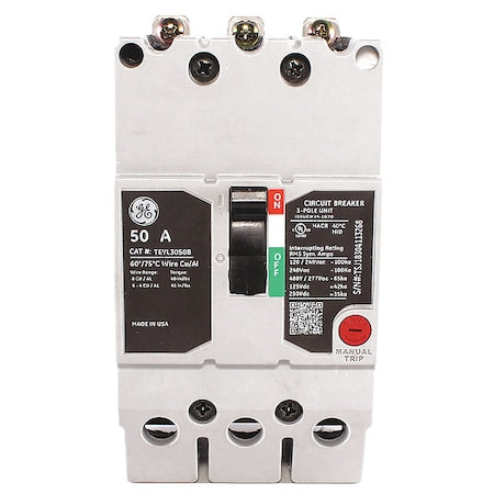 Ge TEYL3050B - Molded Case Circuit Breaker, TEYL Series, 50 A, 3 Pole, 277/480 V AC, 65k A at 277/480 V AC
