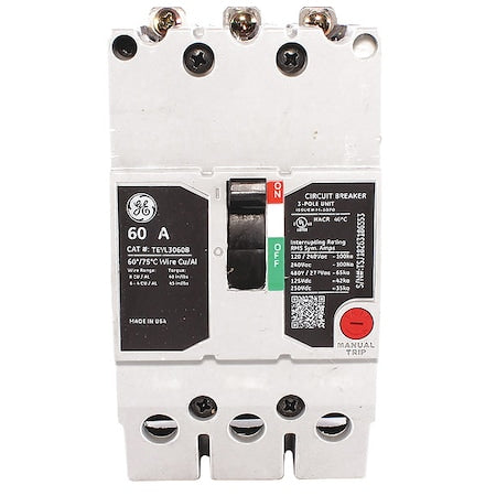 Ge TEYL3060B - Molded Case Circuit Breaker, TEYL Series, 60 A, 3 Pole, 277/480 V AC, 65k A at 277/480 V AC