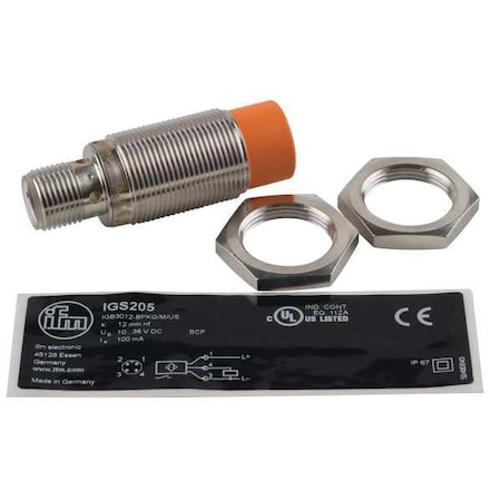 Ifm IGS205 - Cylindrical, Inductive Proximity Sensor, 18 mm Dia., Brass, M12, 3 Wires, Unshielded