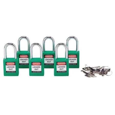 Brady 105893 - Lockout Padlock, Keyed Alike, Nylon, Green, 1 1/2 in Shackle Height, 1 1/2 in Body Width, 6 PK