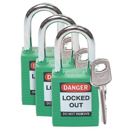 Brady 105889 - Lockout Padlock, Keyed Alike, Nylon, Green, 1 1/2 in Shackle Height, 1 1/2 in Body Width, 3 PK