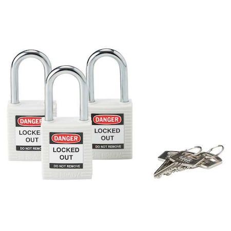 Brady 118949 - Lockout Padlock, Keyed Alike, Nylon, White, 1 1/2 in Shackle Height, 1 1/2 in Body Width, 3 PK
