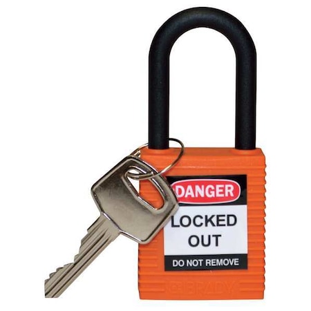 Brady 123328 - Lockout Padlock, Keyed Different, Nylon, Orange, 1 1/2 in Shackle Height, 1 1/2 in Body Width