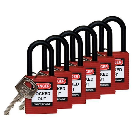 Brady 123351 - Lockout Padlock, Keyed Different, Nylon, Red, 1 1/2 in Shackle Height, 1 1/2 in Body Width, 6 PK