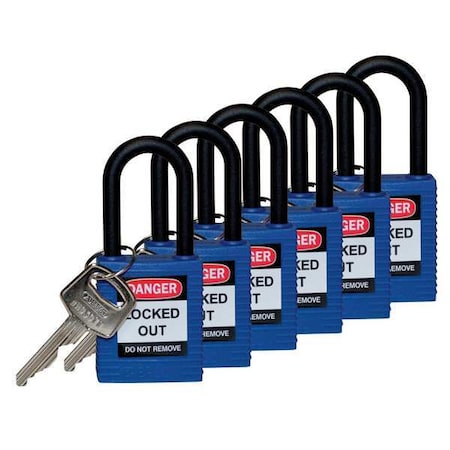 Brady 123352 - Lockout Padlock, Keyed Different, Nylon, Blue, 1 1/2 in Shackle Height, 1 1/2 in Body Width, 6 PK