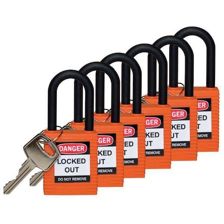 Brady 123355 - Lockout Padlock, Keyed Different, Nylon, Orange, 1 1/2 in Shackle Height, 1 1/2 in Body Width, 6 PK