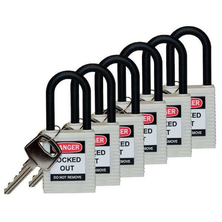 Brady 123359 - Lockout Padlock, Keyed Different, Nylon, White, 1 1/2 in Shackle Height, 1 1/2 in Body Width, 6 PK