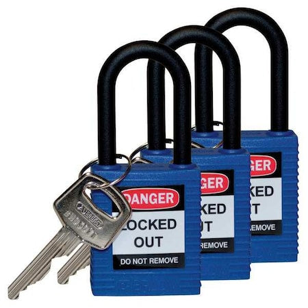 Brady 123334 - Lockout Padlock, Keyed Alike, Nylon, Blue, 1 1/2 in Shackle Height, 1 1/2 in Body Width, 3 PK