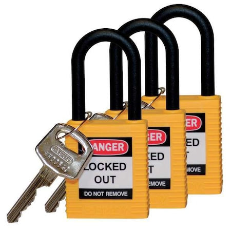 Brady 123336 - Lockout Padlock, Keyed Alike, Nylon, Yellow, 1 1/2 in Shackle Height, 1 1/2 in Body Width, 3 PK