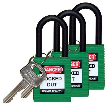 Brady 123335 - Lockout Padlock, Keyed Alike, Nylon, Green, 1 1/2 in Shackle Height, 1 1/2 in Body Width, 3 PK