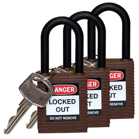 Brady 123339 - Lockout Padlock, Keyed Alike, Nylon, Brown, 1 1/2 in Shackle Height, 1 1/2 in Body Width, 3 PK